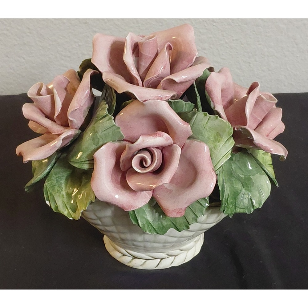 Vintage Capodimonte Porcelain Pink Rose Basket Centerpiece Flowers Made In Italy